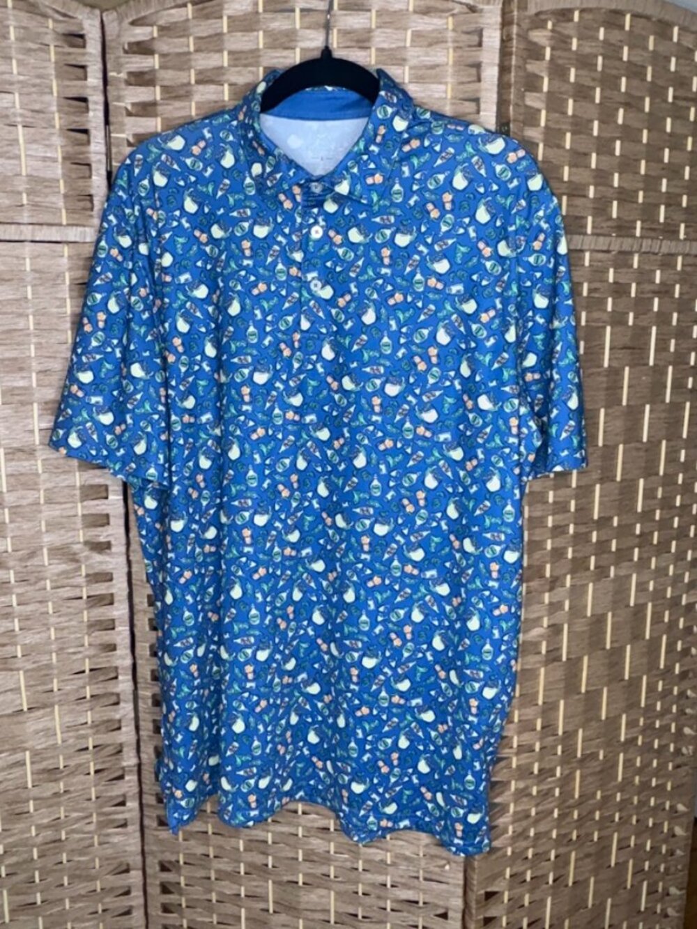 Southern Tide Marg Madness Performance Polo Shirt Blue Printed Preppy size L